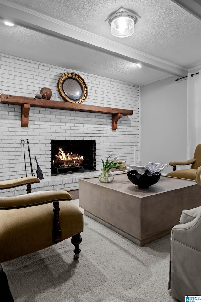2208 Garland Dr, Vestavia Hills, AL 35216 - living room with beamed ceiling, a textured ceiling, a fireplace, and light carpet