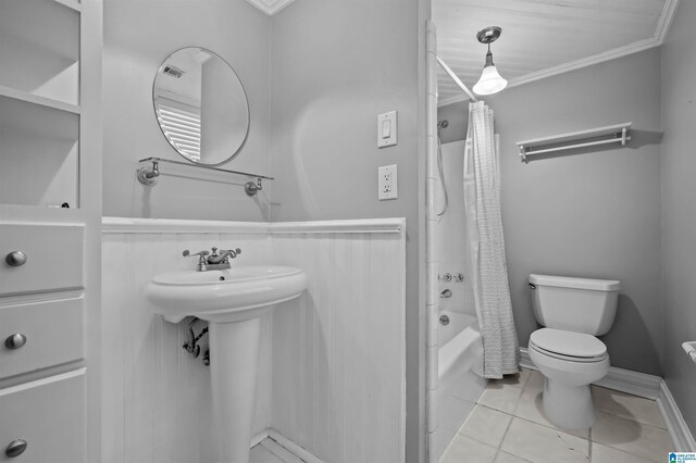 2208 Garland Dr, Vestavia Hills, AL 35216 - full bathroom featuring toilet, shower / tub combo, ornamental molding, and tile patterned floors