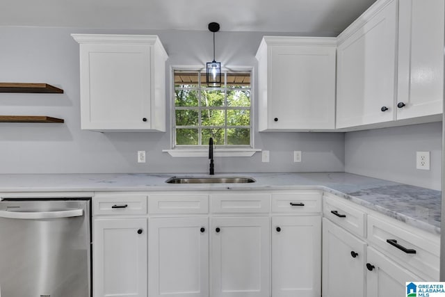 5457 Snowville Brent Rd, Dora, AL 35062 - kitchen with stainless steel dishwasher, open shelves, a sink, white cabinets, and pendant lighting
