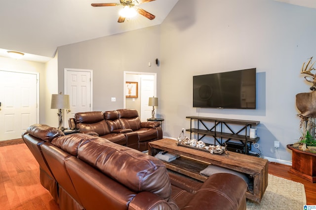 1834 Brandon Way, Bessemer, AL 35022 - living room featuring ceiling fan, wood finished floors, high vaulted ceiling, and baseboards