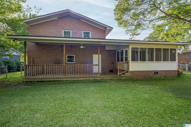 402 S 8th St, Gadsden, AL 35901 - back of property featuring a sunroom, a wooden deck, brick siding, and crawl space