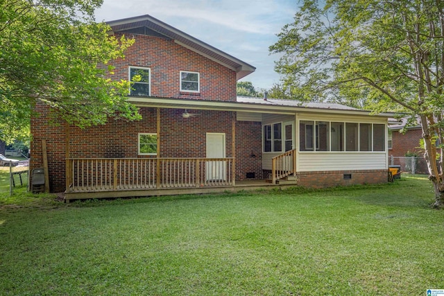 402 S 8th St, Gadsden, AL 35901 - rear view of house with a sunroom, crawl space, brick siding, and a deck