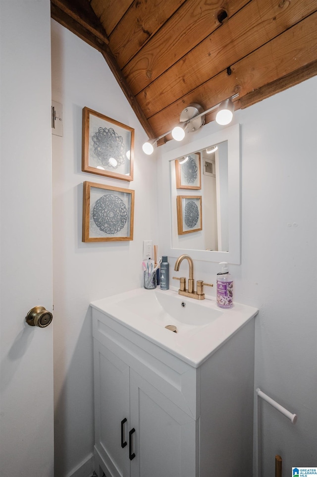 4410 S Shades Crest Rd, Helena, AL 35022 - bathroom with lofted ceiling, vanity, and wood ceiling