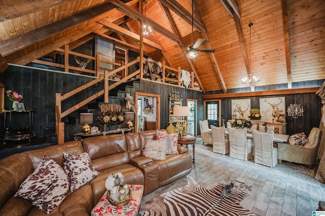 4410 S Shades Crest Rd, Helena, AL 35022 - living area with wood ceiling, wood-type flooring, wood walls, beam ceiling, and a ceiling fan
