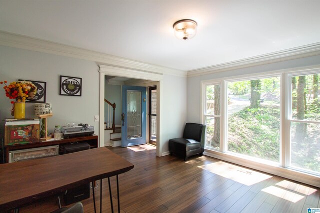 2009 Crossvine Rd, Hoover, AL 35244 - dining area with stairway, ornamental molding, and dark wood-style flooring