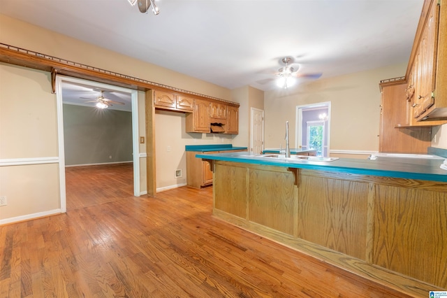 kitchen with ceiling fan, a peninsula, light wood-style floors, a sink, and baseboards