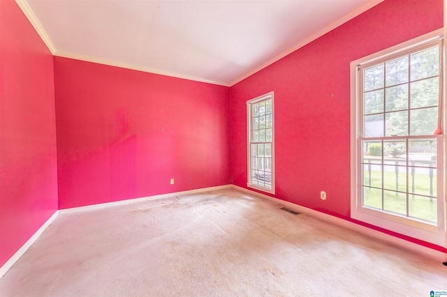 carpeted empty room featuring ornamental molding and baseboards