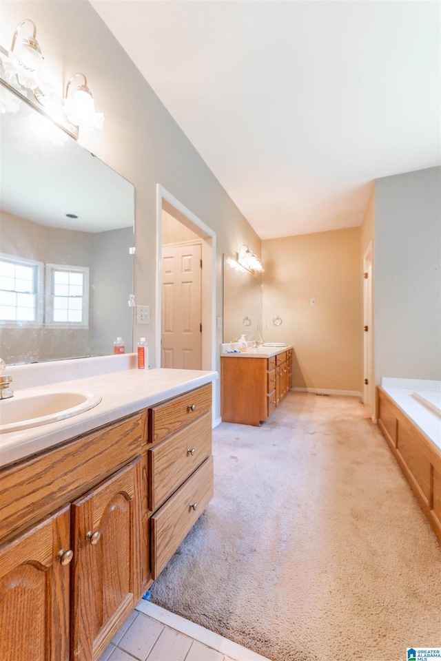 full bathroom with two vanities and a tub to relax in