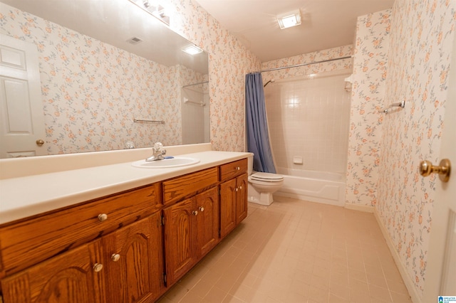 bathroom featuring toilet, wallpapered walls, tile patterned flooring, vanity, and shower / bath combo with shower curtain