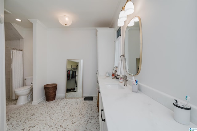 full bathroom featuring vanity, baseboards, toilet, crown molding, and a shower with shower curtain