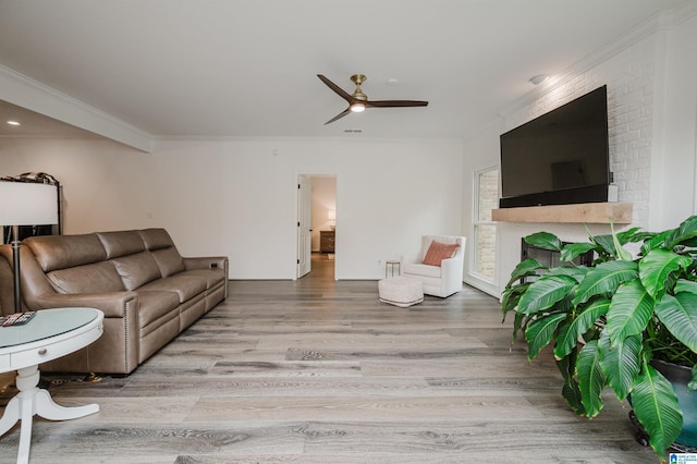 living room featuring ceiling fan, wood finished floors, crown molding, and a fireplace