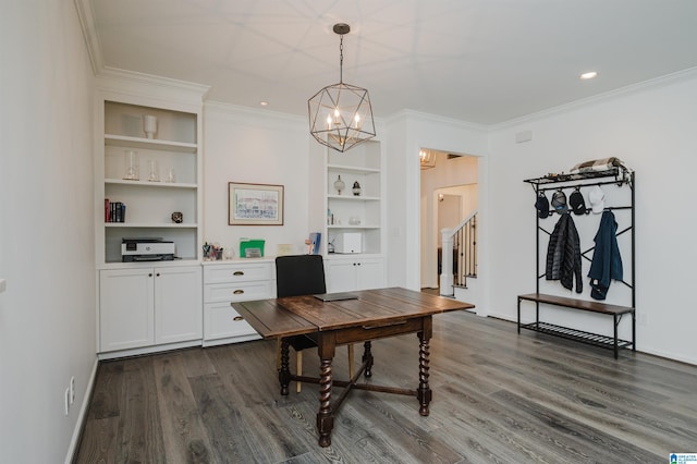 office space featuring built in shelves, dark wood-type flooring, a chandelier, crown molding, and baseboards