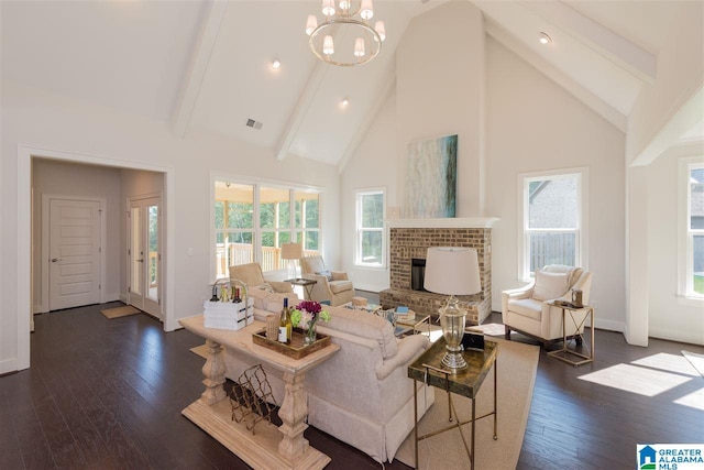 4731 Mcgill Ct, Hoover, AL 35226 - living room with high vaulted ceiling, dark wood-type flooring, beamed ceiling, a brick fireplace, and baseboards