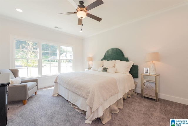 4731 Mcgill Ct, Hoover, AL 35226 - carpeted bedroom featuring ornamental molding, baseboards, ceiling fan, and recessed lighting