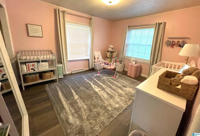2020 Warrior Jasper Rd, Warrior, AL 35180 - bedroom with dark wood-style flooring, baseboard heating, crown molding, and baseboards