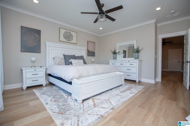90 Landing Chase, Wedowee, AL 36278 - bedroom with baseboards, light wood-style flooring, ornamental molding, recessed lighting, and ceiling fan