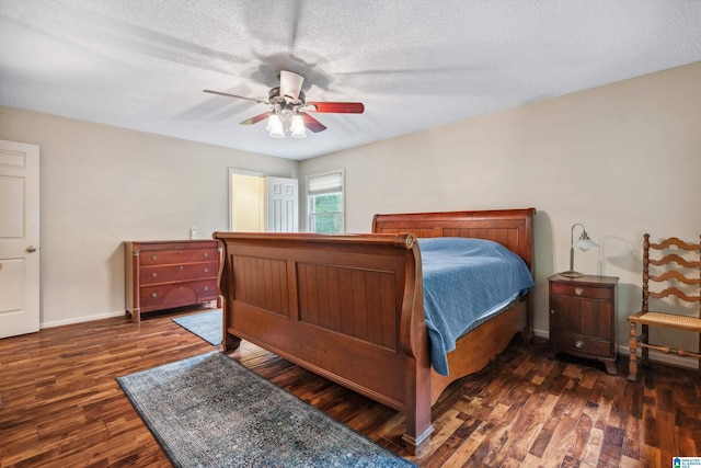 bedroom with wood finished floors, ceiling fan, baseboards, and a textured ceiling