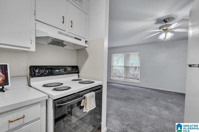 2825 Highland Ave S Unit 1, Birmingham, AL 35205 - kitchen with electric range oven, under cabinet range hood, light countertops, white cabinets, and carpet flooring