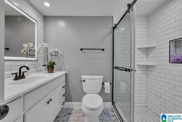 2825 Highland Ave S Unit 1, Birmingham, AL 35205 - full bathroom featuring a shower stall, marble finish flooring, toilet, vanity, and recessed lighting