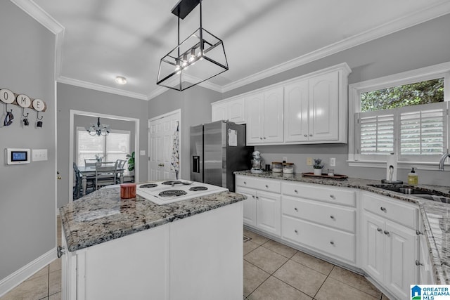 1408 W Acorn Way, Mount Olive, AL 35117 - kitchen featuring a chandelier, stainless steel refrigerator with ice dispenser, a sink, light tile patterned floors, and light stone countertops