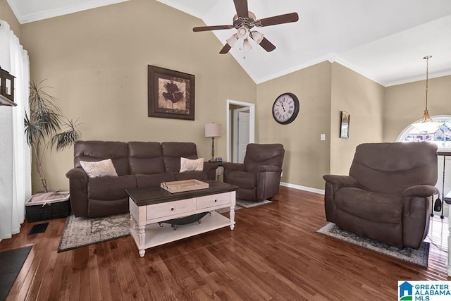 201 Paw Path Ln, Blountsville, AL 35031 - living area featuring a ceiling fan, wood finished floors, baseboards, crown molding, and lofted ceiling