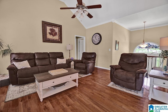 201 Paw Path Ln, Blountsville, AL 35031 - living area featuring a ceiling fan, dark wood-style flooring, ornamental molding, baseboards, and high vaulted ceiling