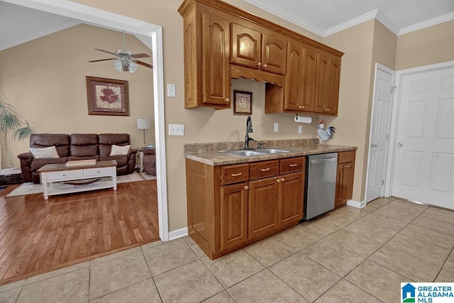 201 Paw Path Ln, Blountsville, AL 35031 - kitchen with dishwasher, a sink, ceiling fan, light tile patterned flooring, and crown molding