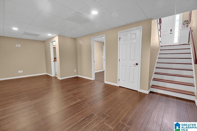 201 Paw Path Ln, Blountsville, AL 35031 - basement featuring dark wood finished floors, baseboards, stairs, recessed lighting, and a drop ceiling