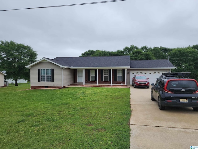 ranch-style house with a garage, concrete driveway, a front yard, and a shingled roof