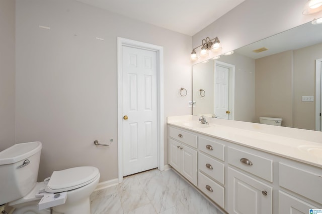 306 Saint Charles Way, Helena, AL 35080 - bathroom featuring toilet, marble look tile flooring, double vanity, and baseboards