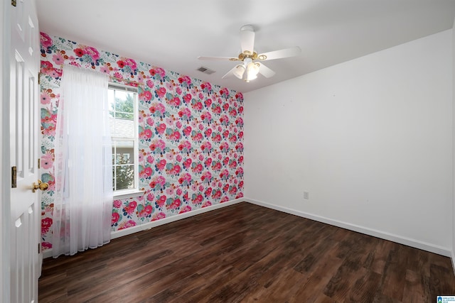 306 Saint Charles Way, Helena, AL 35080 - spare room featuring wallpapered walls, baseboards, dark wood-style floors, and ceiling fan