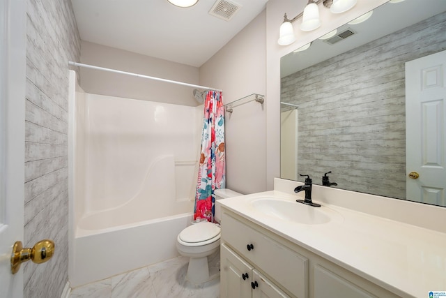 306 Saint Charles Way, Helena, AL 35080 - full bathroom featuring toilet, vanity, shower / tub combo, marble finish floors, and wooden walls