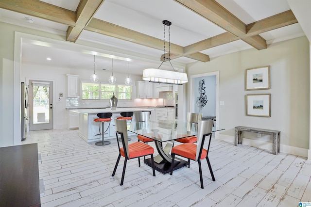 2126 Raines Run, Birmingham, AL 35242 - dining area with coffered ceiling, light wood-type flooring, beam ceiling, and baseboards