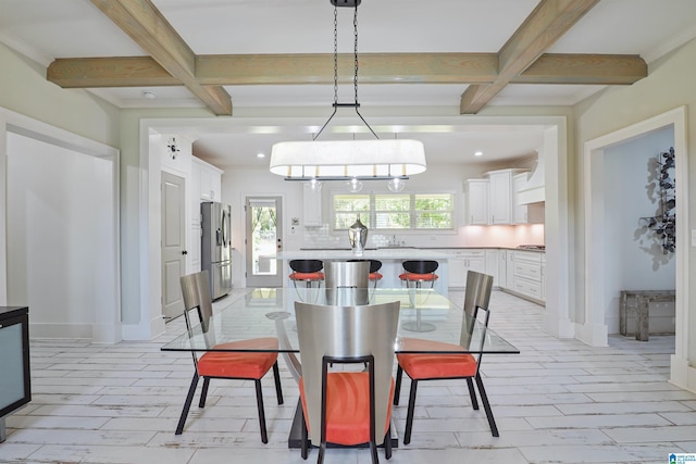2126 Raines Run, Birmingham, AL 35242 - dining area with coffered ceiling, beamed ceiling, recessed lighting, baseboards, and a chandelier