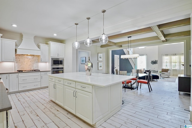 2126 Raines Run, Birmingham, AL 35242 - kitchen featuring appliances with stainless steel finishes, custom exhaust hood, decorative backsplash, beam ceiling, and white cabinets