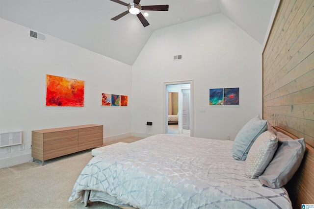 2126 Raines Run, Birmingham, AL 35242 - bedroom with high vaulted ceiling, carpet floors, ceiling fan, and wooden walls