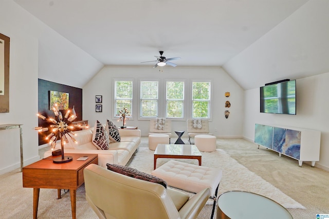 2126 Raines Run, Birmingham, AL 35242 - living room with light colored carpet, vaulted ceiling, healthy amount of natural light, ceiling fan, and baseboards