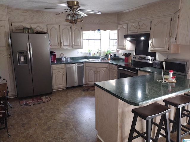 kitchen with stainless steel appliances, a sink, a peninsula, under cabinet range hood, and dark countertops