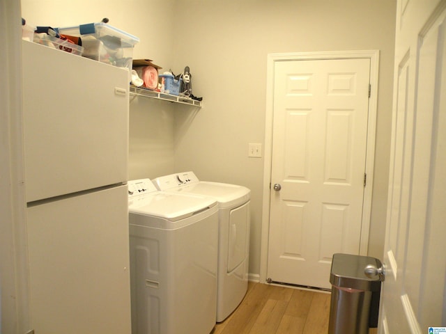 clothes washing area featuring independent washer and dryer and light wood-type flooring