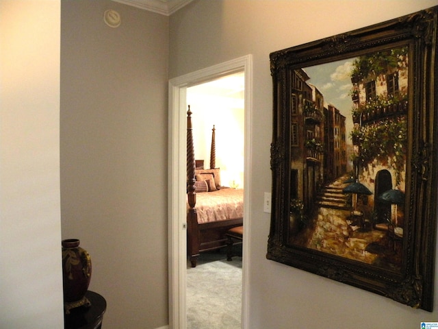 hall featuring ornamental molding and carpet