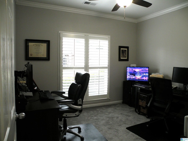 office area with crown molding, a ceiling fan, carpet floors, and baseboards
