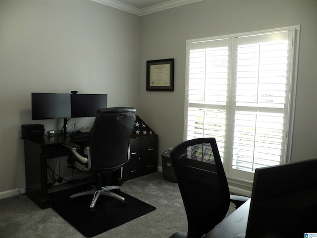 home office featuring crown molding, carpet flooring, healthy amount of natural light, and baseboards