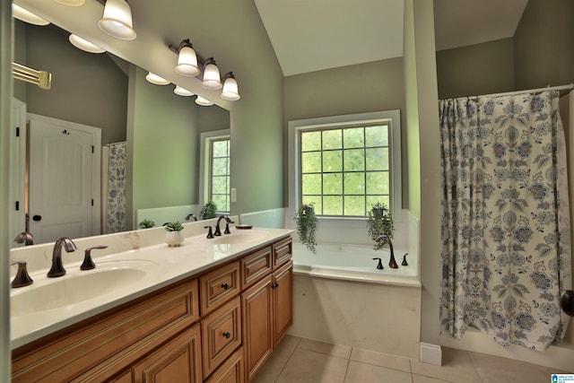 bathroom featuring a tub, tile patterned floors, double vanity, and a shower with curtain