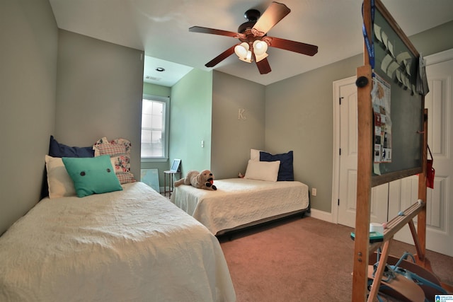 bedroom featuring carpet flooring and ceiling fan