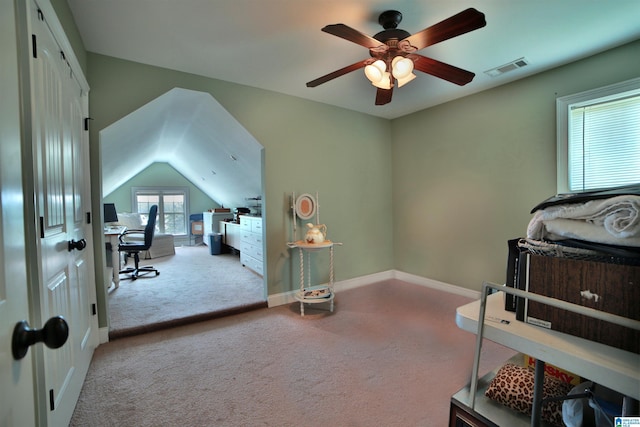 bedroom featuring carpet floors, a desk, baseboards, and ceiling fan