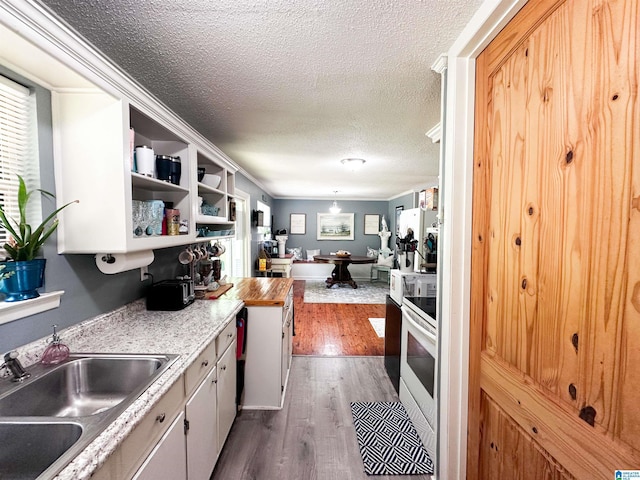 18981 Remlap Dr, Remlap, AL 35133 - kitchen with a textured ceiling, stove, dark wood-style floors, light countertops, and open shelves