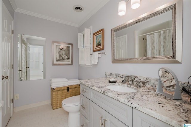 1209 29th St S, Birmingham, AL 35205 - full bathroom featuring tile patterned floors, crown molding, toilet, vanity, and curtained shower
