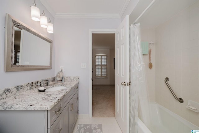 1209 29th St S, Birmingham, AL 35205 - full bath with vanity, tile patterned flooring, ornamental molding, shower / bath combo with shower curtain, and baseboards