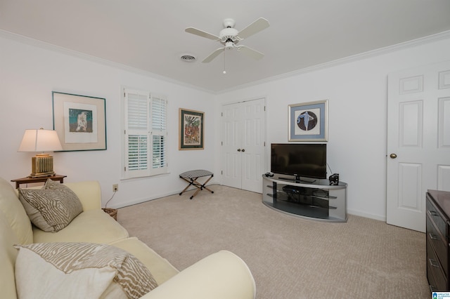 1209 29th St S, Birmingham, AL 35205 - carpeted living room featuring ornamental molding, a ceiling fan, and baseboards