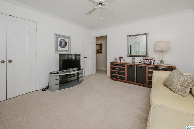 1209 29th St S, Birmingham, AL 35205 - carpeted living area with crown molding and a ceiling fan